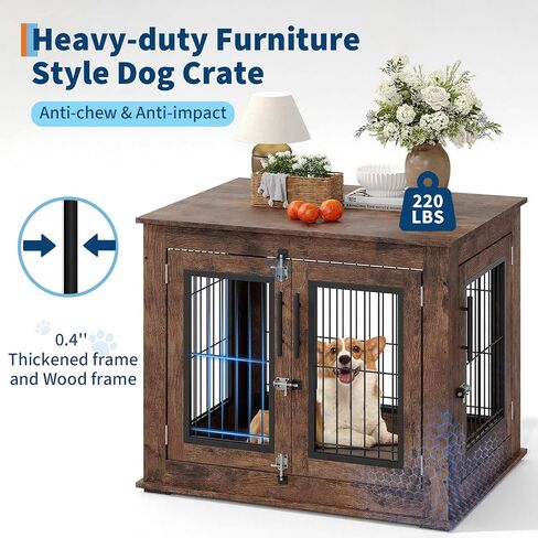 Farmhouse Dog Crate Furniture End Table - Heavy Duty Wooden Kennel Cabinet with Double Doors for Small/Medium Dogs, Rustic Brown Indoor Dog House Furniture Console for Living Room in Kuwait