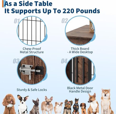 Farmhouse Dog Crate Furniture End Table - Heavy Duty Wooden Kennel Cabinet with Double Doors for Small/Medium Dogs, Rustic Brown Indoor Dog House Furniture Console for Living Room in Kuwait