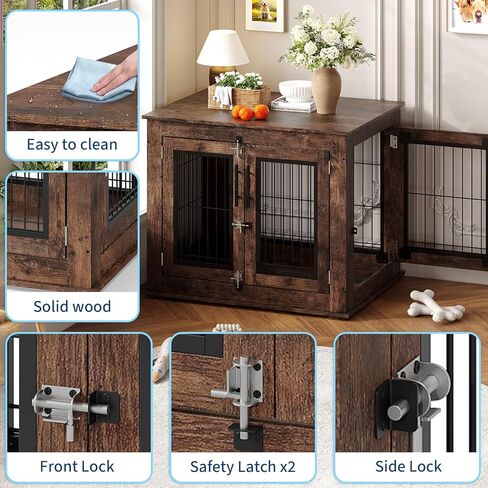 Farmhouse Dog Crate Furniture End Table - Heavy Duty Wooden Kennel Cabinet with Double Doors for Small/Medium Dogs, Rustic Brown Indoor Dog House Furniture Console for Living Room in Kuwait