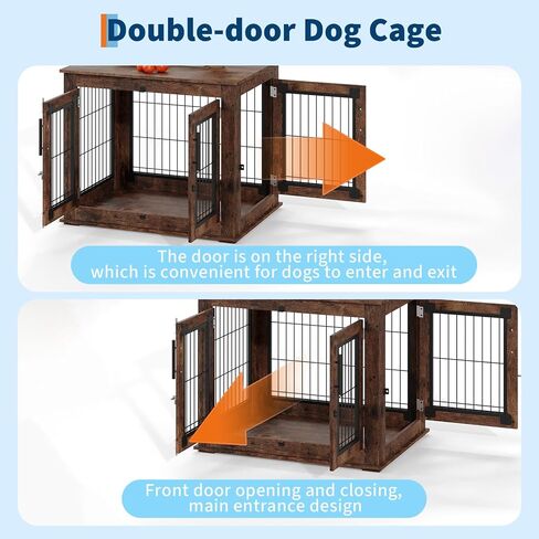 Farmhouse Dog Crate Furniture End Table - Heavy Duty Wooden Kennel Cabinet with Double Doors for Small/Medium Dogs, Rustic Brown Indoor Dog House Furniture Console for Living Room in Kuwait