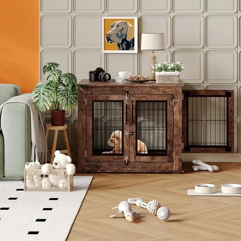 Farmhouse Dog Crate Furniture End Table - Heavy Duty Wooden Kennel Cabinet with Double Doors for Small/Medium Dogs, Rustic Brown Indoor Dog House Furniture Console for Living Room in Kuwait