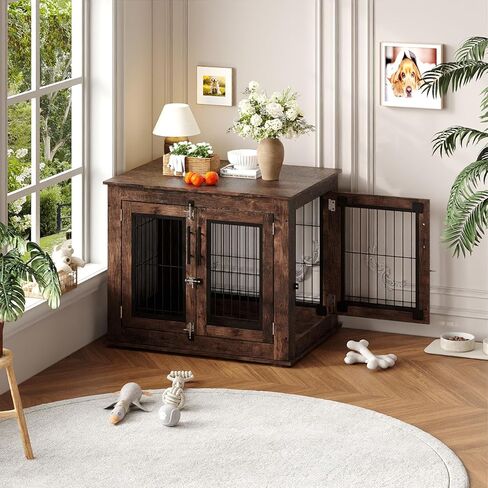 Farmhouse Dog Crate Furniture End Table - Heavy Duty Wooden Kennel Cabinet with Double Doors for Small/Medium Dogs, Rustic Brown Indoor Dog House Furniture Console for Living Room in Kuwait