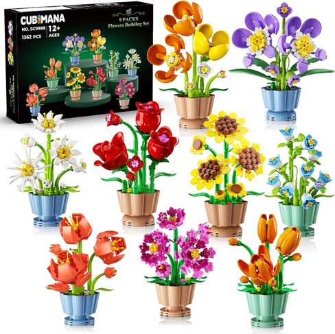9 Pack Flowers Botanicals Collection 3.6MM Mini Building Set-1362PCS Flower Plants Building Block Toy, Valentines Artificial Flower Kits for Home Office Decor, Birthday Gifts for Adults Women Kids 12+ in Saudi Arabia