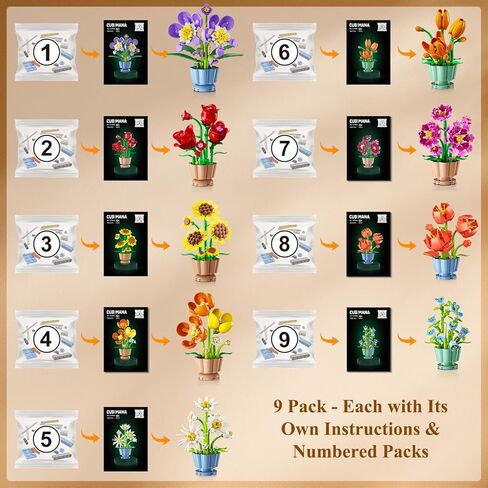 9 Pack Flowers Botanicals Collection 3.6MM Mini Building Set-1362PCS Flower Plants Building Block Toy, Valentines Artificial Flower Kits for Home Office Decor, Birthday Gifts for Adults Women Kids 12+ in Saudi Arabia