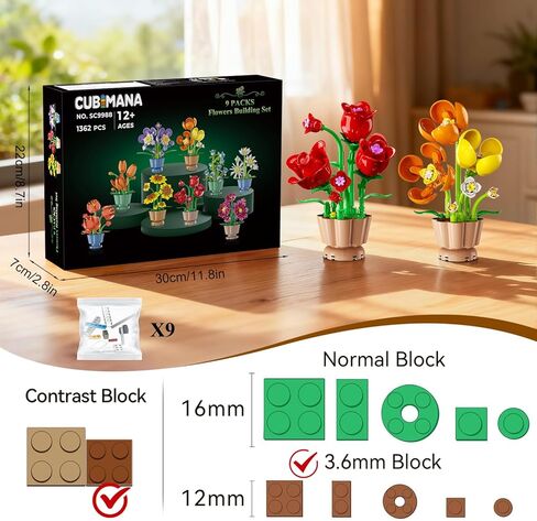9 Pack Flowers Botanicals Collection 3.6MM Mini Building Set-1362PCS Flower Plants Building Block Toy, Valentines Artificial Flower Kits for Home Office Decor, Birthday Gifts for Adults Women Kids 12+ in Saudi Arabia