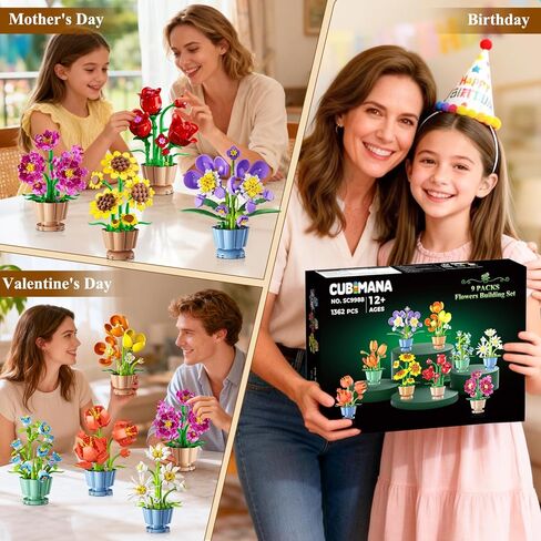 9 Pack Flowers Botanicals Collection 3.6MM Mini Building Set-1362PCS Flower Plants Building Block Toy, Valentines Artificial Flower Kits for Home Office Decor, Birthday Gifts for Adults Women Kids 12+ in Saudi Arabia