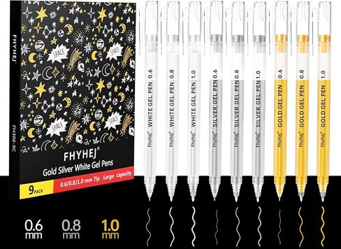 9-Pack Metallic & White Gel Pens - 0.6/0.8/1.0mm Precision Tips, Opaque Archival Ink Pen for Art, Drawing, Card Making & Black Paper Crafts (Gold, Silver, White) in Kuwait