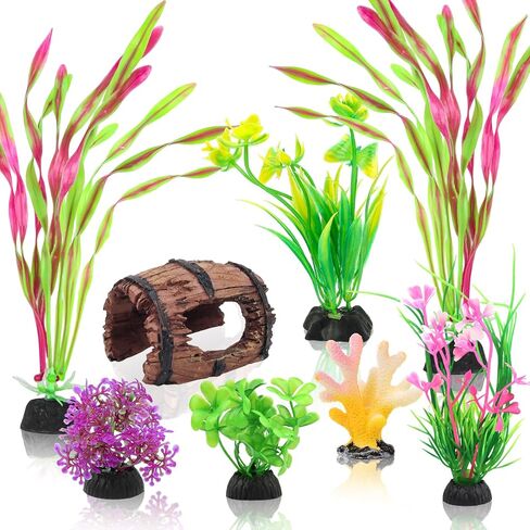 ديكور برميل مكسور للأسماك الصغيرة، ديكورات حوض السمك، إكسسوارات حوض السمك، نباتات بلاستيكية، برميل راتينج ومرجاني، زخارف لحوض السمك، مجموعة 8 قطع in Kuwait