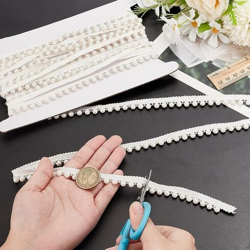 AHANDMAKER 5 ياردات من اللؤلؤ الصناعي، شريط 0.45 بوصة واسع من الخرز اللؤلؤي بشراشيب من الدانتيل لحرف الخياطة، شريط خرز هامشي مطرز لفستان الزفاف وحفلات الزفاف، أبيض in Kuwait