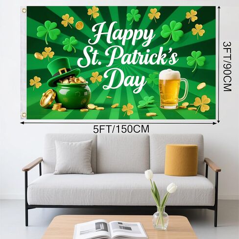 St Patrick's Day Flags 3x5 Outdoor Double Sided Flag 5x3 Ft Green Shamrocks Irish Holiday Decorations – Durable Polyester St Patricks Day Banner with White Header & 2 Brass Grommets for Yard House Garden in Saudi Arabia