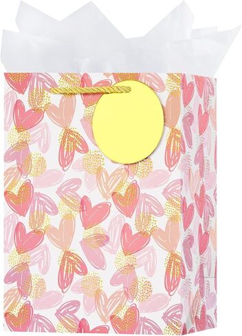 OFIHANLY 12.6" Medium Size Happy Valentine's Day Gift Bags with Handles for Women Her Pink Heart Paper Gift Wrap Bags with Tissue Paper for Kids, 1 Pcs in Saudi Arabia