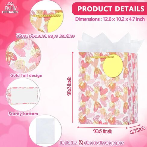 OFIHANLY 12.6" Medium Size Happy Valentine's Day Gift Bags with Handles for Women Her Pink Heart Paper Gift Wrap Bags with Tissue Paper for Kids, 1 Pcs in Saudi Arabia