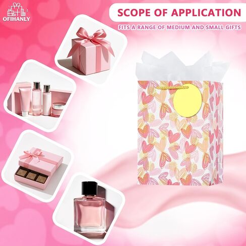 OFIHANLY 12.6" Medium Size Happy Valentine's Day Gift Bags with Handles for Women Her Pink Heart Paper Gift Wrap Bags with Tissue Paper for Kids, 1 Pcs in Saudi Arabia
