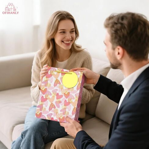 OFIHANLY 12.6" Medium Size Happy Valentine's Day Gift Bags with Handles for Women Her Pink Heart Paper Gift Wrap Bags with Tissue Paper for Kids, 1 Pcs in Saudi Arabia