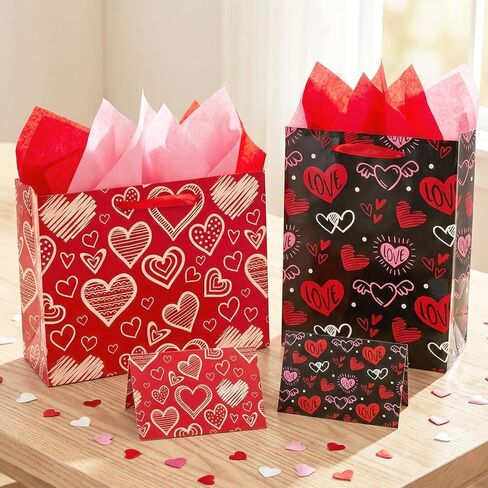 أكياس هدايا عيد الحب مقاس 13 بوصة من Actilize مكونة من عبوتين مع بطاقات وأوراق مناديل - مجموعة حقائب هدايا على شكل قلب أحمر لعيد الحب، وعيد الجالينتين، وعيد الأم، وعيد الأب، والذكرى السنوية (شريط وأسود) in Kuwait