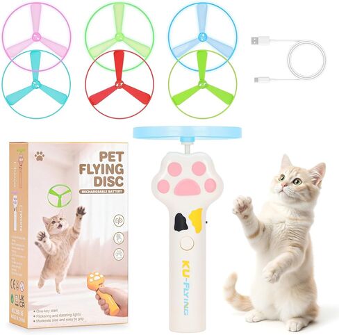 Cat Fetch Toy, Rechargeable Flying Disc Launcher with 6 Flying Discs, Cat Interactive Hunting Toys for Outdoor & Indoor (White) in Saudi Arabia