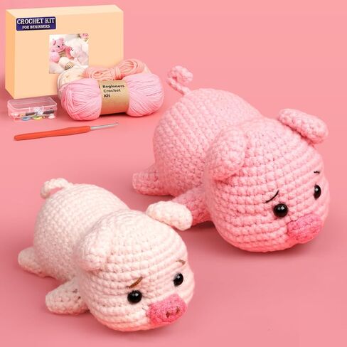 2 Pack Pig Crochet Kit for Beginners with Easy Yarn and Step-by-Step Video Tutorials, Beginner Crochets Kit for Adults, DIY Crochet Animal Kits Art Crafts Knitting Kits Ideal Gifts for Teacher Gifts in Saudi Arabia