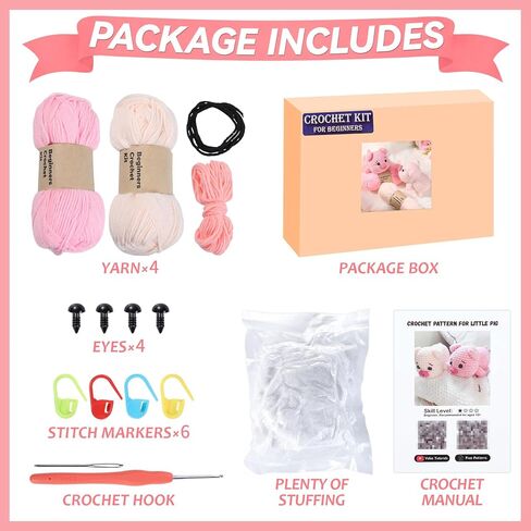 2 Pack Pig Crochet Kit for Beginners with Easy Yarn and Step-by-Step Video Tutorials, Beginner Crochets Kit for Adults, DIY Crochet Animal Kits Art Crafts Knitting Kits Ideal Gifts for Teacher Gifts in Saudi Arabia