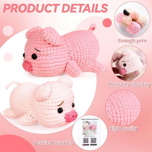2 Pack Pig Crochet Kit for Beginners with Easy Yarn and Step-by-Step Video Tutorials, Beginner Crochets Kit for Adults, DIY Crochet Animal Kits Art Crafts Knitting Kits Ideal Gifts for Teacher Gifts in Saudi Arabia