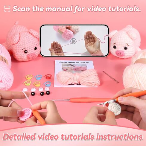 2 Pack Pig Crochet Kit for Beginners with Easy Yarn and Step-by-Step Video Tutorials, Beginner Crochets Kit for Adults, DIY Crochet Animal Kits Art Crafts Knitting Kits Ideal Gifts for Teacher Gifts in Saudi Arabia