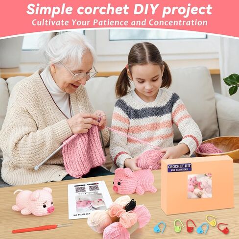 2 Pack Pig Crochet Kit for Beginners with Easy Yarn and Step-by-Step Video Tutorials, Beginner Crochets Kit for Adults, DIY Crochet Animal Kits Art Crafts Knitting Kits Ideal Gifts for Teacher Gifts in Saudi Arabia