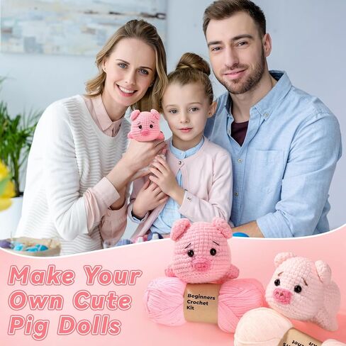 2 Pack Pig Crochet Kit for Beginners with Easy Yarn and Step-by-Step Video Tutorials, Beginner Crochets Kit for Adults, DIY Crochet Animal Kits Art Crafts Knitting Kits Ideal Gifts for Teacher Gifts in Saudi Arabia