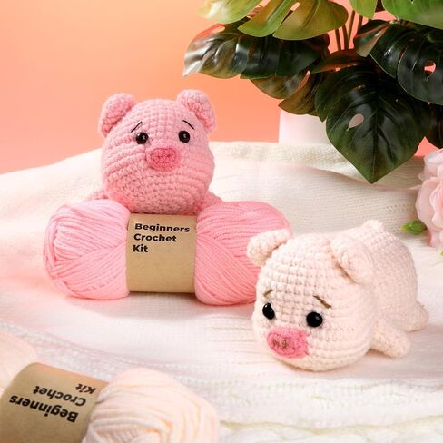 2 Pack Pig Crochet Kit for Beginners with Easy Yarn and Step-by-Step Video Tutorials, Beginner Crochets Kit for Adults, DIY Crochet Animal Kits Art Crafts Knitting Kits Ideal Gifts for Teacher Gifts in Saudi Arabia