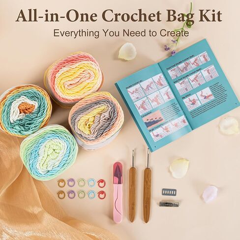 CrochEaze Crochet Kit for Beginners, Crochet Tote Bag Set with Step-by-Step Video Tutorials, Including Gradient Color Yarn, Crochet Hook, Heart-Shaped Bag Strap (Cyan) in Saudi Arabia