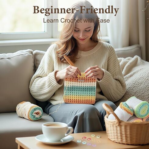 CrochEaze Crochet Kit for Beginners, Crochet Tote Bag Set with Step-by-Step Video Tutorials, Including Gradient Color Yarn, Crochet Hook, Heart-Shaped Bag Strap (Cyan) in Saudi Arabia