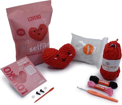 مجموعة Selfiko Crochet للمبتدئين - حزمة Amigurumi للمبتدئين الكاملة مع حلقة سحرية تم تشغيلها مسبقًا، ودروس فيديو خطوة بخطوة وخيوط بسيطة - تعلم الكروشيه بسهولة (Loveko The Heart) in Saudi Arabia