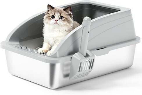 Stainless Steel Cat Litter Box with Lid, Metal Kitty Litter Box with Scoop, Non-Stick Base, Easy to Clean for Cat, Rabbit, Guinea Pigs and Hamsters - Light Gray in Saudi Arabia