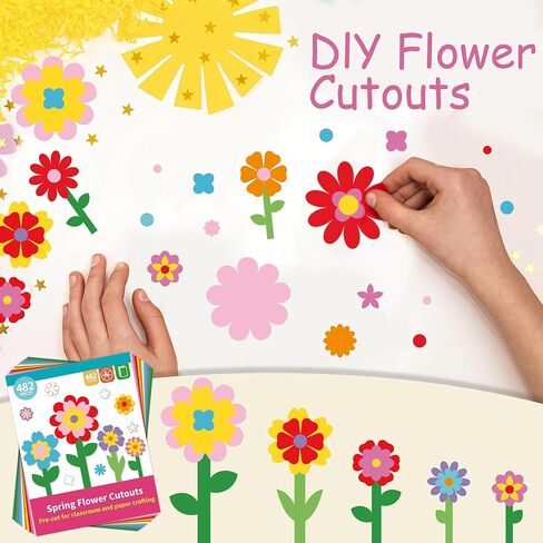 482 قطعة من قصاصات ورق الزهور DIY، قطع على شكل زهرة ملونة، قطع من البطاقات على الوجهين، قطع الزهور مع نقاط صمغ للأطفال في فصل الربيع، مشغولات يدوية مسبقة القطع لتزيين لوحة الإعلانات في الفصل الدراسي in Kuwait