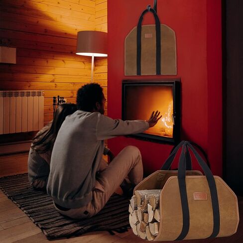 Waxed Canvas Firewood Log Carrier, Heavy Duty Sturdy Large Log Tote Bag for Fire Wood, Firepit Outdoor Camping, BBQ, Fireplace, Wood Stove Accessories,Brown in Saudi Arabia