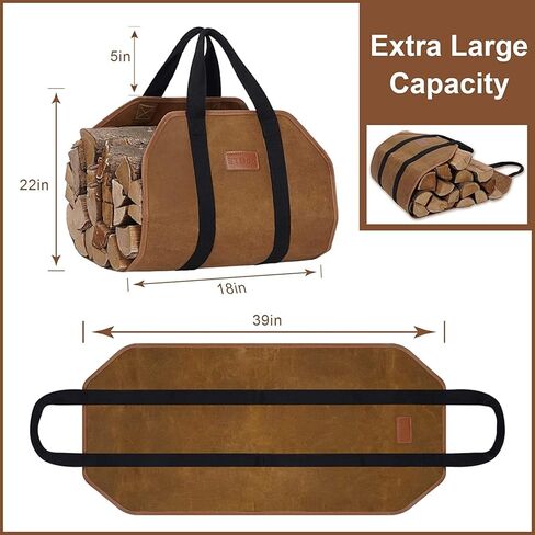 Waxed Canvas Firewood Log Carrier, Heavy Duty Sturdy Large Log Tote Bag for Fire Wood, Firepit Outdoor Camping, BBQ, Fireplace, Wood Stove Accessories,Brown in Saudi Arabia