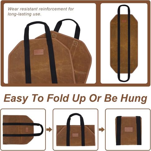 Waxed Canvas Firewood Log Carrier, Heavy Duty Sturdy Large Log Tote Bag for Fire Wood, Firepit Outdoor Camping, BBQ, Fireplace, Wood Stove Accessories,Brown in Saudi Arabia
