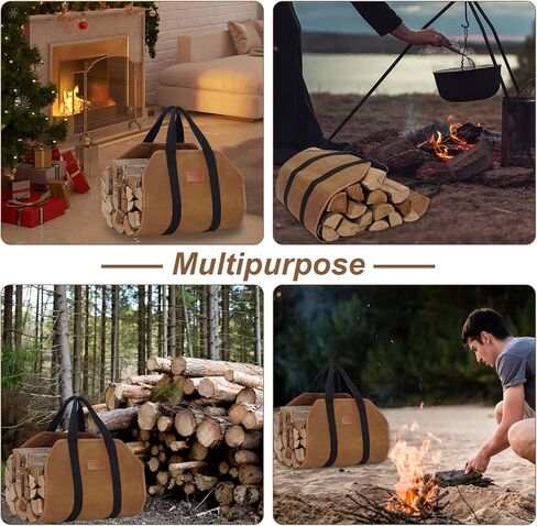 Waxed Canvas Firewood Log Carrier, Heavy Duty Sturdy Large Log Tote Bag for Fire Wood, Firepit Outdoor Camping, BBQ, Fireplace, Wood Stove Accessories,Brown in Saudi Arabia