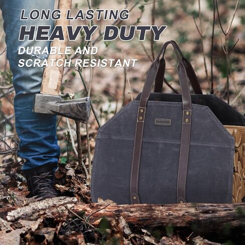 Log Carrier|Waxed Canvas Log Holder|Firewood Carrier Tote Bag|Fireplace Wood Stove Accessories-Grey in Kuwait