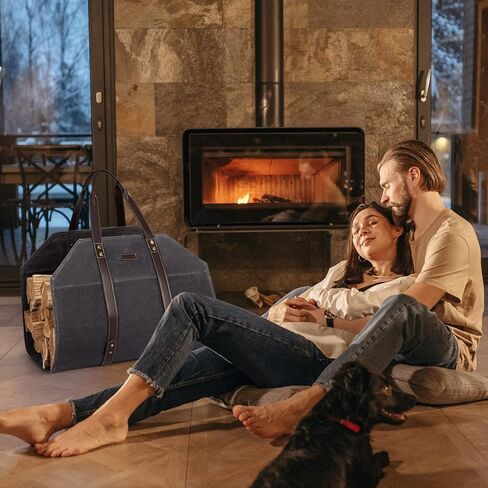 Log Carrier|Waxed Canvas Log Holder|Firewood Carrier Tote Bag|Fireplace Wood Stove Accessories-Grey in Kuwait