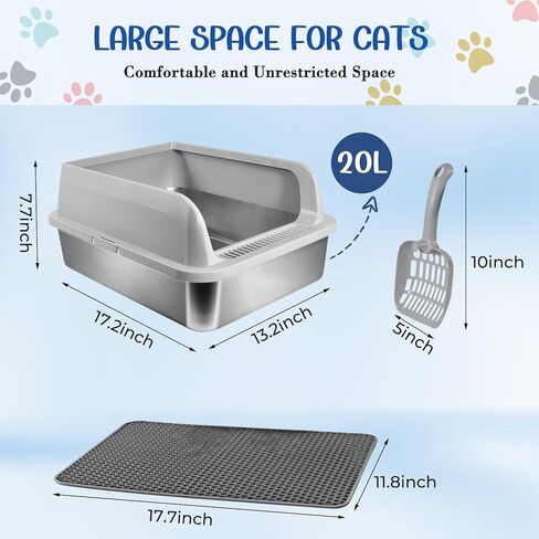Stainless Steel Cat Litter Box with Lid, High Wall Kitty Litter Box for Small Cats, Metal Kitty Litter Box, Non-Sticky, Anti-Leakage, Easy Cleaning, Include Cat Mat and Scoop, 17.2"x13.2"x7.7" in Saudi Arabia