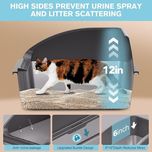 صندوق فضلات القطط من الفولاذ المقاوم للصدأ مكون من قطعتين، صندوق فضلات كبير بجوانب عالية للقطط الصغيرة المتعددة والقطط الصغيرة وصناديق فضلات القطط المعدنية مع غطاء مضاد للتسرب، غير لاصق، عديم الرائحة، سهل التنظيف، مغرفة متضمنة in Kuwait