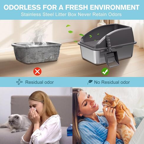 صندوق فضلات القطط من الفولاذ المقاوم للصدأ مكون من قطعتين، صندوق فضلات كبير بجوانب عالية للقطط الصغيرة المتعددة والقطط الصغيرة وصناديق فضلات القطط المعدنية مع غطاء مضاد للتسرب، غير لاصق، عديم الرائحة، سهل التنظيف، مغرفة متضمنة in Kuwait