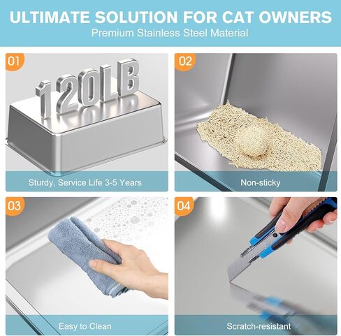 صندوق فضلات القطط من الفولاذ المقاوم للصدأ مكون من قطعتين، صندوق فضلات كبير بجوانب عالية للقطط الصغيرة المتعددة والقطط الصغيرة وصناديق فضلات القطط المعدنية مع غطاء مضاد للتسرب، غير لاصق، عديم الرائحة، سهل التنظيف، مغرفة متضمنة in Kuwait