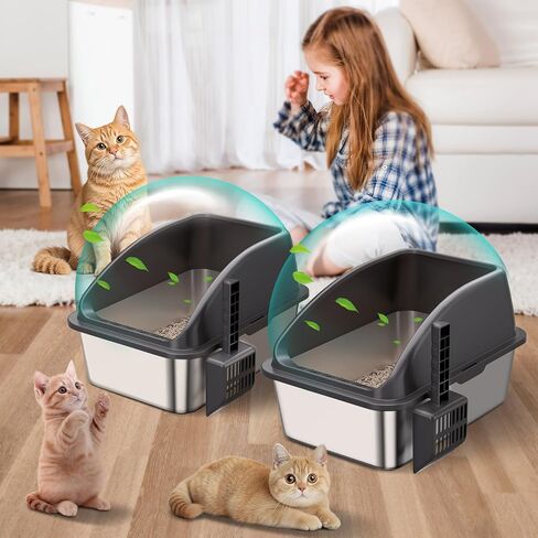 صندوق فضلات القطط من الفولاذ المقاوم للصدأ مكون من قطعتين، صندوق فضلات كبير بجوانب عالية للقطط الصغيرة المتعددة والقطط الصغيرة وصناديق فضلات القطط المعدنية مع غطاء مضاد للتسرب، غير لاصق، عديم الرائحة، سهل التنظيف، مغرفة متضمنة in Kuwait
