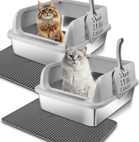 Stainless Steel Cat Litter Box with Lid, High Wall Kitty Litter Box for Small Cats, Metal Kitty Litter Box, Non-Sticky, Anti-Leakage, Easy Cleaning, Include Cat Mat and Scoop, 17.2"x13.2"x7.7" in Saudi Arabia