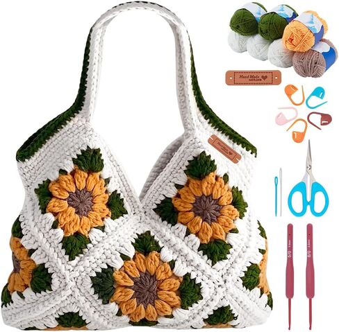 FREEBLOSS Crochet Sunflower Tote Bag Kit Beginners Crochet Kit for Adults with Step-by-Step Video Tutorials Knitting Handbag Set in Saudi Arabia