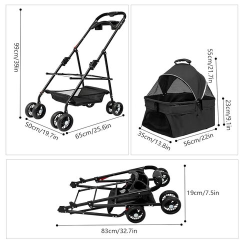 3 in 1 Folding Dog Stroller, Pet Folding Stroller for Cats and Dogs, 4 Wheels Dog Cat Puppy Stroller w/Removable Carry Basket,Storage Basket and Cup Holder,Foldable Pet Stroller (Black) in Saudi Arabia