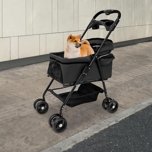 3 in 1 Folding Dog Stroller, Pet Folding Stroller for Cats and Dogs, 4 Wheels Dog Cat Puppy Stroller w/Removable Carry Basket,Storage Basket and Cup Holder,Foldable Pet Stroller (Black) in Saudi Arabia