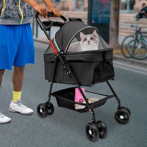 3 in 1 Folding Dog Stroller, Pet Folding Stroller for Cats and Dogs, 4 Wheels Dog Cat Puppy Stroller w/Removable Carry Basket,Storage Basket and Cup Holder,Foldable Pet Stroller (Black) in Saudi Arabia