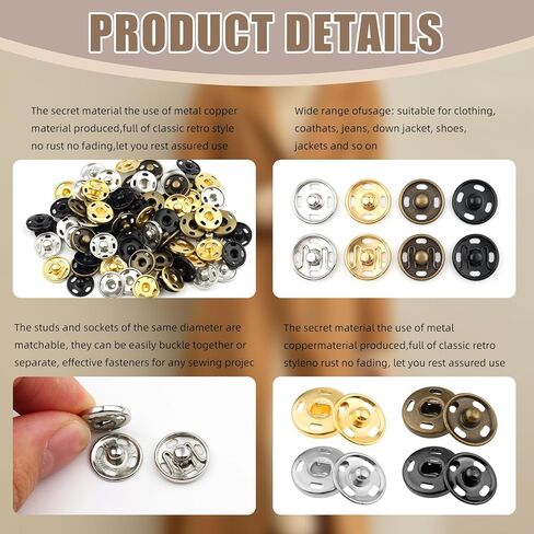 40Sets Sew-on Snap Buttons - 4 Colors 12.5mm Metal Sewing Snaps Fasteners - Sew-on Press Studs Buttons for Sewing Clothing -Gold,Antique Bronze, Silver,Black in Saudi Arabia