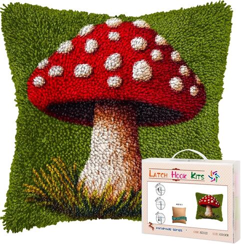 DIY Latch Hook Pillow Kits Red Mushroom Printed Pillowcase Crochet Yarns Hooking Handmade Pillow Cover Cushion for Home Sofa Decoration 17x17inch-2 in Saudi Arabia